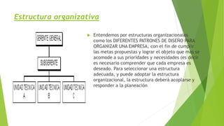 Estructura organizativa
 Entendemos por estructuras organizacionales
como los DIFERENTES PATRONES DE DISEÑO PARA
ORGANIZAR UNA EMPRESA, con el fin de cumplir
las metas propuestas y lograr el objeto que mas se
acomode a sus prioridades y necesidades (es decir
es necesario comprender que cada empresa es
deseado. Para seleccionar una estructura
adecuada, y puede adoptar la estructura
organizacional, la estructura deberá acoplarse y
responder a la planeación
 