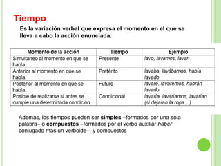 Tiempo
 Es la variación verbal que expresa el momento en el que se
 lleva a cabo la acción enunciada.




Además, los tiempos pueden ser simples –formados por una sola
palabra– o compuestos –formados por el verbo auxiliar haber
conjugado más un verboide–. y compuestos
 