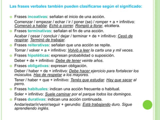 Las frases verbales también pueden clasificarse según el significado:

   Frases incoativas: señalan el inicio de una acción.
    Comenzar / empezar / echar / ir / poner (se) / romper + a + infinitivo:
    Comenzó a hablar. Echó a correr. Rompió a llorar, etcétera.
   Frases terminativas: señalan el fin de una acción.
    Acabar / cesar / concluir / dejar / terminar + de + infinitivo: Cesó de
    respirar. Terminó de trabajar.
   Frases reiterativas: señalan que una acción se repite.
    Tornar / volver + a + infinitivo: Volvió a leer la carta una y mil veces.
   Frases hipotéticas: expresan probabilidad o suposición.
    Deber + de + infinitivo: Debe de tener veinte años.
   Frases obligativas: expresan obligación.
    Deber / haber + de + infinitivo: Debe hacer ejercicio para fortalecer los
    músculos. Has de respetar a los mayores.
    Tener / haber + que + infinitivo: Tenés que estudiar. Hay que sacar al
    perro.
   Frases habituales: indican una acción frecuente o habitual.
    Soler + infinitivo: Suele caminar por el parque todos los domingos.
   Frases durativas: indican una acción continuada.
    Andar/estar/ir/venir/seguir + gerundio: Está trabajando duro. Sigue
    aprendiendo inglés.
 
