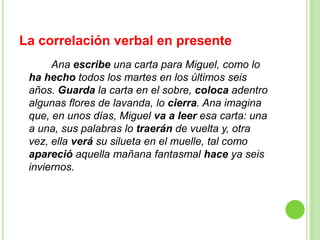 La correlación verbal en presente
      Ana escribe una carta para Miguel, como lo
 ha hecho todos los martes en los últimos seis
 años. Guarda la carta en el sobre, coloca adentro
 algunas flores de lavanda, lo cierra. Ana imagina
 que, en unos días, Miguel va a leer esa carta: una
 a una, sus palabras lo traerán de vuelta y, otra
 vez, ella verá su silueta en el muelle, tal como
 apareció aquella mañana fantasmal hace ya seis
 inviernos.
 
