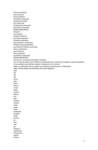 3
Futuro imperfecto
(yo compraré)
Futuro perfecto
(yo habré comprado)
Condicional simple
(yo compraría)
Condicional compuesto
(yo habría comprado)
MODO SUBJUNTIVO
Presente
(yo compre)
Pretérito perfecto
(yo haya comprado)
Pretérito imperfecto
(yo comprara o comprase)
Pretérito pluscuamperfecto
(yo hubiera o hubiese comprado)
Futuro imperfecto
(yo comprare)
Futuro perfecto
(yo hubiere comprado)
MODO IMPERATIVO
(compra tú / comprad vosotros)6.-El adverbio
Son un tipo de palabra que modifican el significado de un verbo, de un adjetivo o de otro adverbio.
Es una palabra invariable (no cambia ni de género ni de número).
Según su significado, esto es, según la circunstancia que expresen, se distinguen:
Lugar Tiempo Modo Cantidad Duda Afirmación Negación
aquí
ahí
allí
allá
cerca
lejos
fuera
dentro
arriba
abajo
encima
detrás
hoy
ayer
mañana
anoche
ahora
luego
antes
enseguida
después
tarde
pronto
ya
bien
mal
así
despacio
claramente
lentamente
regular
mucho
 