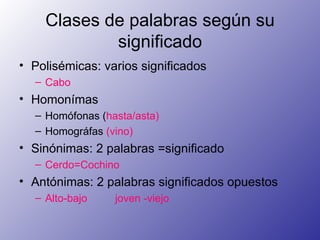 Clases de palabras según su significado Polisémicas: varios significados Cabo Homonímas Homófonas ( hasta/asta) Homográfas  (vino) Sinónimas: 2 palabras =significado Cerdo=Cochino Antónimas: 2 palabras significados opuestos Alto-bajo joven -viejo 