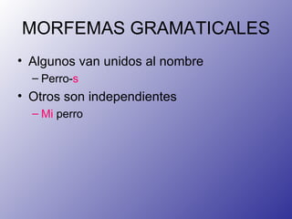 MORFEMAS GRAMATICALES Algunos van unidos al nombre Perro- s Otros son independientes Mi  perro 