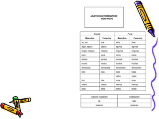 ADJETIVOS DETERMINATIVOS INDEFINIDOS tantas tantos tanta tanto mismas mismos misma mismo otras otros otra otro varias varios     todas todos toda todo demasiadas demasiados demasiada demasiado muchas muchos mucha mucho escasas escasos escasa escaso pocas pocos poca poco ningunas ningunos ninguna ningún, ninguno algunas algunos alguna algún, alguno unas unos una un, uno Femenino Masculino Femenino Masculino Plural Singular bastantes bastante tales tal cualesquiera cualquier, cualquiera 
