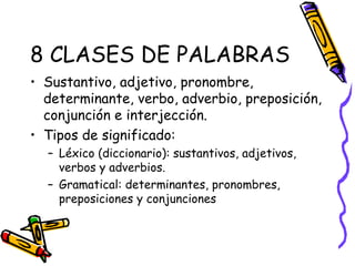 8 CLASES DE PALABRAS Sustantivo, adjetivo, pronombre, determinante, verbo, adverbio, preposición, conjunción e interjección . Tipos de significado:  Léxico (diccionario): sustantivos, adjetivos, verbos y adverbios. Gramatical:  determinantes, pronombres, preposiciones y conjunciones   