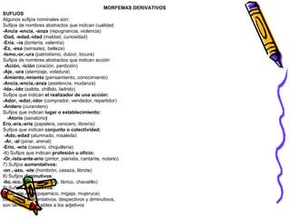 MORFEMAS DERIVATIVOS SUFIJOS Algunos sufijos nominales son: Sufijos de nombres abstractos que indican cualidad  -Ancia -encia, -anza  (repugnancia, violencia) -Dad, -edad.-idad  (maldad, curiosidad) - Ería. –ía  (tontería, valentía) -Ez, -esa  (sensatez, belleza) -Ismo,-or,-ura  (patriotismo, dulzor, locura) Sufijos de nombres abstractos que indican acción  -Ación, -ición  (oración, perdición)  -Aje, -ura  (aterrizaje, voladura) - Amiento,-imiento  (pensamiento, conocimiento) -Ancia,-encia,-anza  (asistencia, mudanza) -Ida-,-ido  (salida, chillido, ladrido) Sufijos que indican  el realizador de una acción: -Ador, -edor,-idor  (comprador, vendedor, repartidor)  -Andero  (curandero) Sufijos que indican  lugar o establecimiento: -Atorio  (sanatorio ) Ero,-era,-eria  (papelera, cenicero, librería) Sufijos que indican  conjunto o colectividad: -Ado,-edad  (alumnado, rosaleda) -Ar, -al  (pinar, arenal) -Erio, -eria  (caserío, chiquillería) -6) Sufijos que indican  profesión u oficio: -Or,-ista-ante-ario  (pintor, pianista, cantante, notario) 7) Sufijos  aumentativos: -on ,-azo, -ote  (hombrón, casaza, librote) 8) Sufijos  diminutivos: -Ito,-ico.-illo  (muchachito, librico, chavalillo) 9) Sufijos  despectivos: -Aco,-ajo,-uco  (pajarraco, migaja, mujeruca)  Los sufijos aumentativos, despectivos y diminutivos, son también aplicables a los adjetivos 