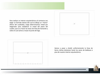 Para realizar un interior arquitectónico sé comienza con
elegir un formato dentro del cual se dibuja un "marco"
(Plano del cuadrado), luego determinamos mitad por
diagonales para establecer la mitad del plano del
cuadro, que va a hacer las veces de línea de horizonte y
sobre el cual vamos a trazar el punto de fuga.
Vamos a pasar a dividir uniformemente la línea de
tierra, dichas divisiones harán las veces de baldosas o
piso de nuestro interior arquitectónico.
 