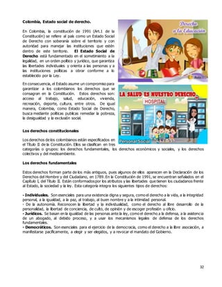 32
Colombia, Estado social de derecho.
En Colombia, la constitución de 1991 (Art.1 de la
Constitución) se refiere al país como un Estado Social
de Derecho con soberanía sobre el territorio y con
autoridad para manejar las instituciones que estén
dentro de este territorio. El Estado Social de
Derecho está fundamentado en el sometimiento a la
legalidad, en un orden político y jurídico, que garantiza
las libertades individuales y orienta a las personas y a
las instituciones políticas a obrar conforme a lo
establecido por la Ley.
En consecuencia, el Estado asume un compromiso para
garantizar a los colombianos los derechos que se
consagran en la Constitución. Estos derechos son:
acceso al trabajo, salud, educación, vivienda,
recreación, deporte, cultura, entre otros. De igual
manera, Colombia, como Estado Social de Derecho,
busca mediante políticas publicas remediar la pobreza,
la desigualdad y la exclusión social.
Los derechos constitucionales
Los derechos de los colombianos están especificados en
el Título II de la Constitución. Ellos se clasifican en tres
categorías o grupos: los derechos fundamentales, los derechos económicos y sociales, y los derechos
colectivos y del medioambiente.
Los derechos fundamentales
Estos derechos forman parte de los más antiguos, pues algunos de ellos aparecen en la Declaración de los
Derechos del Hombre y del Ciudadano, en 1789. En la Constitución de 1991, se encuentran señalados en el
Capítulo I, del Título II. Están conformadospor los atributos y las libertades que tienen los ciudadanos frente
al Estado, la sociedad y la ley. Esta categoría integra los siguientes tipos de derechos:
- Individuales. Son esenciales para una existencia digna y segura, como el derecho a la vida, a la integridad
personal, a la igualdad, a la paz, al trabajo, al buen nombre y a la intimidad personal.
- De la autonomía. Reconocen la libertad y la individualidad, como el derecho al libre desarrollo de la
personalidad, la libertad de conciencia, de culto, de opinión y de escoger profesión u oficio.
- Jurídicos. Se basan en la igualdad de las personas ante la ley, como el derecho a la defensa, a la asistencia
de un abogado, al debido proceso, y a usar los mecanismos legales de defensa de los derechos
fundamentales.
- Democráticos. Son esenciales para el ejercicio de la democracia, como el derecho a la libre asociación, a
manifestarse pacíficamente, a elegir y ser elegidos, y a revocar el mandato del Gobierno.
 