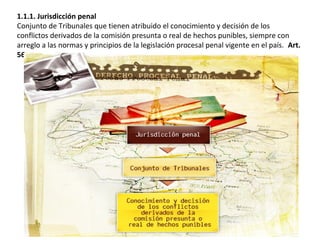 1.1.1. Jurisdicción penal 
Conjunto de Tribunales que tienen atribuido el conocimiento y decisión de los 
conflictos derivados de la comisión presunta o real de hechos punibles, siempre con 
arreglo a las normas y principios de la legislación procesal penal vigente en el país. Art. 
56 copp 
 