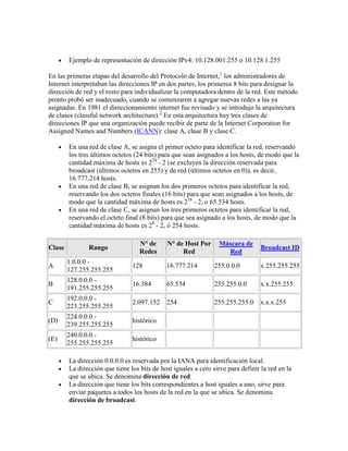 Ejemplo de representación de dirección IPv4: 10.128.001.255 o 10.128.1.255

En las primeras etapas del desarrollo del Protocolo de Internet,1 los administradores de
Internet interpretaban las direcciones IP en dos partes, los primeros 8 bits para designar la
dirección de red y el resto para individualizar la computadora dentro de la red. Este método
pronto probó ser inadecuado, cuando se comenzaron a agregar nuevas redes a las ya
asignadas. En 1981 el direccionamiento internet fue revisado y se introdujo la arquitectura
de clases (classful network architecture).2 En esta arquitectura hay tres clases de
direcciones IP que una organización puede recibir de parte de la Internet Corporation for
Assigned Names and Numbers (ICANN): clase A, clase B y clase C.

        En una red de clase A, se asigna el primer octeto para identificar la red, reservando
        los tres últimos octetos (24 bits) para que sean asignados a los hosts, de modo que la
        cantidad máxima de hosts es 224 - 2 (se excluyen la dirección reservada para
        broadcast (últimos octetos en 255) y de red (últimos octetos en 0)), es decir,
        16.777.214 hosts.
        En una red de clase B, se asignan los dos primeros octetos para identificar la red,
        reservando los dos octetos finales (16 bits) para que sean asignados a los hosts, de
        modo que la cantidad máxima de hosts es 216 - 2, o 65.534 hosts.
        En una red de clase C, se asignan los tres primeros octetos para identificar la red,
        reservando el octeto final (8 bits) para que sea asignado a los hosts, de modo que la
        cantidad máxima de hosts es 28 - 2, ó 254 hosts.

                                   N° de      N° de Host Por      Máscara de
Clase          Rango                                                              Broadcast ID
                                   Redes           Red              Red
        1.0.0.0 -
A                               128          16.777.214         255.0.0.0         x.255.255.255
        127.255.255.255
        128.0.0.0 -
B                               16.384       65.534             255.255.0.0       x.x.255.255
        191.255.255.255
        192.0.0.0 -
C                               2.097.152    254                255.255.255.0     x.x.x.255
        223.255.255.255
        224.0.0.0 -
(D)                             histórico
        239.255.255.255
        240.0.0.0 -
(E)                             histórico
        255.255.255.255

        La dirección 0.0.0.0 es reservada por la IANA para identificación local.
        La dirección que tiene los bits de host iguales a cero sirve para definir la red en la
        que se ubica. Se denomina dirección de red.
        La dirección que tiene los bits correspondientes a host iguales a uno, sirve para
        enviar paquetes a todos los hosts de la red en la que se ubica. Se denomina
        dirección de broadcast.
 