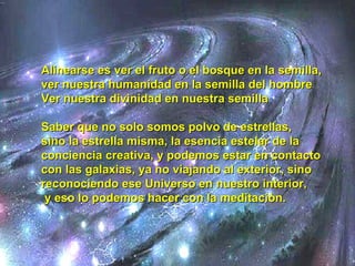 Alinearse es ver el fruto o el bosque en la semilla,  ver nuestra humanidad en la semilla del hombre Ver nuestra divinidad en nuestra semilla Saber que no solo somos polvo de estrellas,  sino la estrella misma, la esencia estelar de la conciencia creativa, y podemos estar en contacto con las galaxias, ya no viajando al exterior, sino reconociendo ese Universo en nuestro interior, y eso lo podemos hacer con la meditaciòn. 