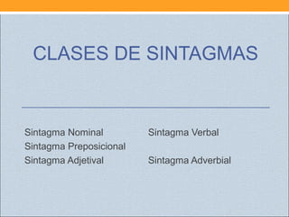 CLASES DE SINTAGMAS
Sintagma Nominal Sintagma Verbal
Sintagma Preposicional
Sintagma Adjetival Sintagma Adverbial
 