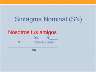 Nosotros tus amigos
Det N_____
N SN- Aposición
____________________________
SN
Sintagma Nominal (SN)
 