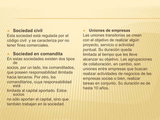    Sociedad civil                          Uniones de empresas
Esta sociedad está regulada por el       Las uniones transitorias se crean
código civil y se caracteriza por no     con el objetivo de realizar algún
tener fines comerciales.                 proyecto, servicio o actividad
                                         puntual. Su duración queda
   Sociedad en comandita                limitada al tiempo que les lleve
En estas sociedades existen dos tipos    alcanzar su objetivo. Las agrupaciones
    de                                   de colaboración, en cambio, son
socios, por un lado, los comanditados,   uniones entre empresas que buscan
que poseen responsabilidad ilimitada     realizar actividades de negocios de las
hacia terceros. Por otro, los            empresas socias o bien, realizar
comanditarios, cuya responsabilidad      tareas en conjunto. Su duración es de
    está
                                         hasta 10 años.
limitada al capital aportado. Estos
    socios
no sólo aportan el capital, sino que
también trabajan en la sociedad.
 