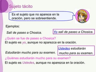 Yo salí de paseo a Chosica.
Ustedes estudiarán
mucho para su examen.
Sujeto tácito
Salí de paseo a Chosica.
El sujeto es yo, aunque no aparezca en la oración.
¿Quién se fue de paseo a Chosica?
Estudiarán mucho para su examen.
El sujeto es Ustedes, aunque no aparezca en la oración.
Es el sujeto que no aparece en la
oración, pero se sobreentiende.
Ejemplos:
¿Quiénes estudiarán mucho para su examen?
 