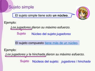 Sujeto
Sujeto simple
El sujeto simple tiene solo un núcleo.
Los jugadores dieron su máximo esfuerzo.
Los jugadores y la hinchada dieron su máximo esfuerzo.
Núcleo del sujeto:
Núcleos del sujeto:
jugadores
jugadores / hinchada
El sujeto compuesto tiene más de un núcleo.
Ejemplo:
Sujeto
Ejemplo:
 