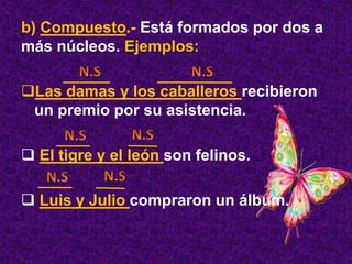 b) Compuesto.- Está formados por dos a
más núcleos. Ejemplos:
Las damas y los caballeros recibieron
un premio por su asistencia.
 El tigre y el león son felinos.
 Luis y Julio compraron un álbum.
 