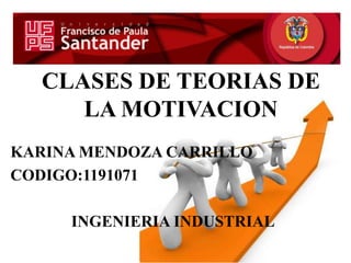 CLASES DE TEORIAS DE
LA MOTIVACION
KARINA MENDOZA CARRILLO
CODIGO:1191071
INGENIERIA INDUSTRIAL
 