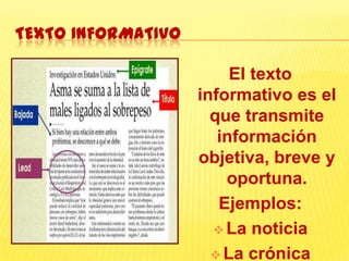 TEXTO INFORMATIVO
El texto
informativo es el
que transmite
información
objetiva, breve y
oportuna.
Ejemplos:
 La noticia
 La crónica
 