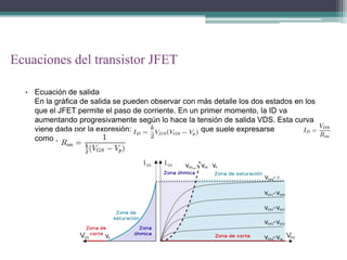 Ecuaciones del transistor JFET

  • Ecuación de salida
    En la gráfica de salida se pueden observar con más detalle los dos estados en los
    que el JFET permite el paso de corriente. En un primer momento, la ID va
    aumentando progresivamente según lo hace la tensión de salida VDS. Esta curva
    viene dada por la expresión:                    que suele expresarse
    como ,            siendo:
 