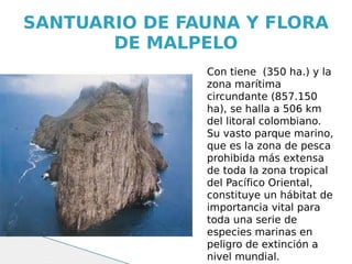 SANTUARIO DE FAUNA Y FLORA
       DE MALPELO
               Con tiene (350 ha.) y la
               zona marítima
               circundante (857.150
               ha), se halla a 506 km
               del litoral colombiano.
               Su vasto parque marino,
               que es la zona de pesca
               prohibida más extensa
               de toda la zona tropical
               del Pacífico Oriental,
               constituye un hábitat de
               importancia vital para
               toda una serie de
               especies marinas en
               peligro de extinción a
               nivel mundial.
 