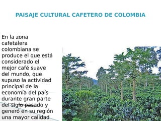 PAISAJE CULTURAL CAFETERO DE COLOMBIA



En la zona
cafetalera
colombiana se
produce el que está
considerado el
mejor café suave
del mundo, que
supuso la actividad
principal de la
economía del país
durante gran parte
del siglo pasado y
generó en su región
una mayor calidad
 