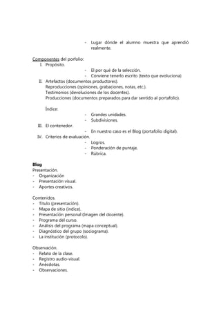 - Lugar dónde el alumno muestra que aprendió
realmente.
Componentes del porfolio:
I. Propósito.
- El por qué de la selección.
- Conviene tenerlo escrito (texto que evoluciona)
II. Artefactos (documentos productores).
Reproducciones (opiniones, grabaciones, notas, etc.).
Testimonios (devoluciones de los docentes).
Producciones (documentos preparados para dar sentido al portafolio).
Índice:
- Grandes unidades.
- Subdivisiones.
III. El contenedor.
- En nuestro caso es el Blog (portafolio digital).
IV. Criterios de evaluación.
- Logros.
- Ponderación de puntaje.
- Rúbrica.
Blog
Presentación.
- Organización
- Presentación visual.
- Aportes creativos.
Contenidos.
- Título (presentación).
- Mapa de sitio (índice).
- Presentación personal (Imagen del docente).
- Programa del curso.
- Análisis del programa (mapa conceptual).
- Diagnóstico del grupo (sociograma).
- La institución (protocolo).
Observación.
- Relato de la clase.
- Registro audio-visual.
- Anécdotas.
- Observaciones.
 