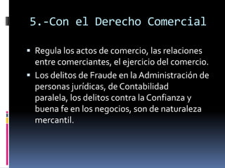 5.-Con el Derecho ComercialRegula los actos de comercio, las relaciones entre comerciantes, el ejercicio del comercio.Los delitos de Fraude en la Administración de personas jurídicas, de Contabilidad paralela, los delitos contra la Confianza y buena fe en los negocios, son de naturaleza mercantil.