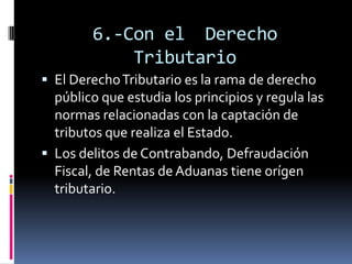6.-Con el  Derecho TributarioEl Derecho Tributario es la rama de derecho público que estudia los principios y regula las normas relacionadas con la captación de tributos que realiza el Estado.Los delitos de Contrabando, Defraudación Fiscal, de Rentas de Aduanas tiene orígen tributario.