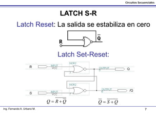 7
Circuitos Secuenciales
Ing. Fernando A. Urbano M.
LATCH S-R
Latch Reset: La salida se estabiliza en cero
Latch Set-Reset:
QRQ += QSQ +=
 