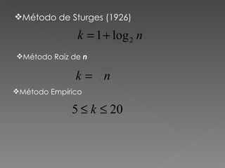 Método de Sturges (1926)  Método Raíz de  n Método Empírico 