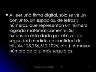 Al leer una firma digital, solo se ve un conjunto, sin espacios, de letras y números, que representan un número logrado matemáticamente. Su extensión está dada por el nivel de seguridad medido en cantidad de bits(64,128,256,512,1026, etc.). A mayor número de bits, más seguro es.   