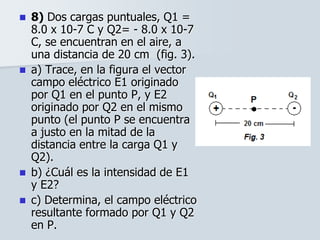  8) Dos cargas puntuales, Q1 =
8.0 x 10-7 C y Q2= - 8.0 x 10-7
C, se encuentran en el aire, a
una distancia de 20 cm (fig. 3).
 a) Trace, en la figura el vector
campo eléctrico E1 originado
por Q1 en el punto P, y E2
originado por Q2 en el mismo
punto (el punto P se encuentra
a justo en la mitad de la
distancia entre la carga Q1 y
Q2).
 b) ¿Cuál es la intensidad de E1
y E2?
 c) Determina, el campo eléctrico
resultante formado por Q1 y Q2
en P.
 