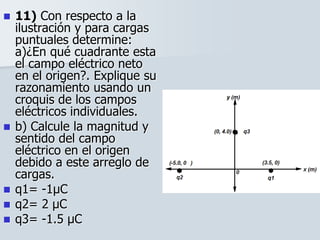  11) Con respecto a la
ilustración y para cargas
puntuales determine:
a)¿En qué cuadrante esta
el campo eléctrico neto
en el origen?. Explique su
razonamiento usando un
croquis de los campos
eléctricos individuales.
 b) Calcule la magnitud y
sentido del campo
eléctrico en el origen
debido a este arreglo de
cargas.
 q1= -1μC
 q2= 2 μC
 q3= -1.5 μC
 