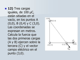  12) Tres cargas
iguales, de 100 µC,
están sitiadas en el
vacío, en los puntos A
(0,0), B (0,4) y C (3,0).
Las coordenadas se
expresan en metros.
Calcula la fuerza que
las dos primeras cargas
(A y B) ejercen sobre la
tercera (C) y el vector
campo eléctrico en el
punto (3,0).
 