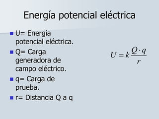 Energía potencial eléctrica
 U= Energía
potencial eléctrica.
 Q= Carga
generadora de
campo eléctrico.
 q= Carga de
prueba.
 r= Distancia Q a q
r
qQ
kU


 