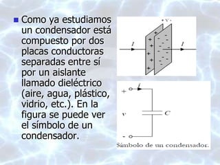  Como ya estudiamos
un condensador está
compuesto por dos
placas conductoras
separadas entre sí
por un aislante
llamado dieléctrico
(aire, agua, plástico,
vidrio, etc.). En la
figura se puede ver
el símbolo de un
condensador.
 
