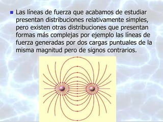  Las líneas de fuerza que acabamos de estudiar
presentan distribuciones relativamente simples,
pero existen otras distribuciones que presentan
formas más complejas por ejemplo las líneas de
fuerza generadas por dos cargas puntuales de la
misma magnitud pero de signos contrarios.
 