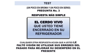 RESPUESTA MÁS SIMPLE
EL CERDO VIVO
QUE USTED TIENE
ENCERRADO EN SU
REFRIGERADOR
CUALQUIER OTRA RESPUESTA ACUSA QUE A USTED LE
FALTÓ VISIÓN DE UTILIZAR SUS ERRORES DEL
PASADO PARA MEJORAR SU DESEMPEÑO EN EL
PRESENTE
PREGUNTA No. 3
(UN POCO EN BROMA Y UN POCO EN SERIO)
 