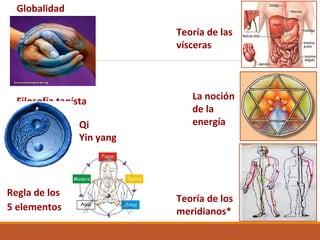 Globalidad
Filosofía taoísta
Regla de los
5 elementos
Teoría de las
vísceras
La noción
de la
energía
Teoría de los
meridianos*
Qi
Yin yang
 