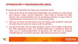 OPTIMIZACIÓN Y PROGRAMACIÓN LINEAL
El equipo de IO identifico los datos que necesitan reunir:
1. Número de horas de producción disponibles por semana en cada planta
para fabricar estos nuevos productos. (Casi todo el tiempo de estas
plantas esta comprometido con los productos actuales, lo que limita la
capacidad para manufacturar los nuevos productos).
2. Número de horas de fabricación que se emplea para producir cada lote
de cada articulo nuevo en cada una de las plantas.
3. Las ganancias por lote de cada producto nuevo. (Se escogió la ganancia
por lote producido como una medida adecuada, la ganancia total de
cada uno es aproximadamente la ganancia por lote que se produce
multiplicada por el número de lotes. (No existe economía a escala)
 