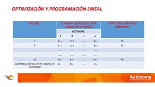 OPTIMIZACIÓN Y PROGRAMACIÓN LINEAL
RECURSO CONSUMO DE RECURSO POR
UNIDAD DE ACTIVIDAD
CANTIDAD DE RECURSO
DISPONIBLE
ACTIVIDAD
1 2 …… n
1 a1 1 a1 2 ..... a1 n b1
2 a2 1 a2 2 ….. a2 n b2
. …… …… ….. ….. .
. …… …… ..… ….. .
m am 1 am 2 ….. am n bm
CONTRIBUCIÓN DE Z POR UNIDAD DE
ACTIVIDAD
C1 C2 .…. Cn
 