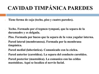 CAVIDAD TIMPÁNICA PAREDES
• Tiene forma de caja (techo, piso y cuatro paredes).
- Techo. Formado por el tegmen tympani, que la separa de la
duramadre y es delgada.
- Piso. Formada por hueso que la separa de la vena yugular interna.
- Pared lateral (membranosa). Formada por la membrana
timpánica.
- Pared medial (laberíntica). Comunicado con la cóclea.
- Pared anterior (carotidea). La separa del conducto carotideo.
- Pared posterior (mastoidea). La comunica con las celdas
mastoideas. Aquí se localiza el nervio facial.
 