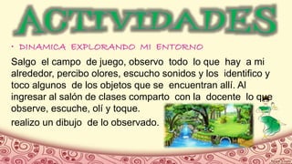 • DINAMICA EXPLORANDO MI ENTORNO
Salgo el campo de juego, observo todo lo que hay a mi
alrededor, percibo olores, escucho sonidos y los identifico y
toco algunos de los objetos que se encuentran allí. Al
ingresar al salón de clases comparto con la docente lo que
observe, escuche, olí y toque.
realizo un dibujo de lo observado.
 