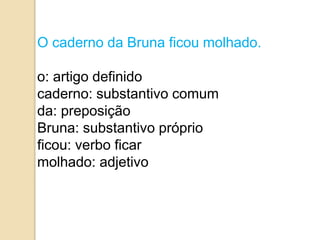 O caderno da Bruna ficou molhado.
o: artigo definido
caderno: substantivo comum
da: preposição
Bruna: substantivo próprio
ficou: verbo ficar
molhado: adjetivo
 