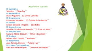 Movimientos literarios:
El Clasicismo
Sófocles: ´´Edipo Rey´´
El Medievalismo
Dante Aliguieri: ´´La Divina Comedia´´
El Renacimiento
Cervantes Saavedra: ´´El Quijote de la Mancha´´
El Barroco
Luis de Góngora y Argote: ´´Soledades´´
El Neoclasicismo
Leandro Fernández de Moratín: ´´El Sí de las Niñas´´
El Romanticismo
Gustavo Adolfo Bécquer: ´´Rimas y Leyendas´´
El Realismo
Benito Pérez Galdós: ´´Marianela´´
El Modernismo
Juan Ramón Jiménez: ´´Platero y yo´´
Literatura Contemporánea
Gabriel García Márquez: ´´Cien Años de Soledad´´
 