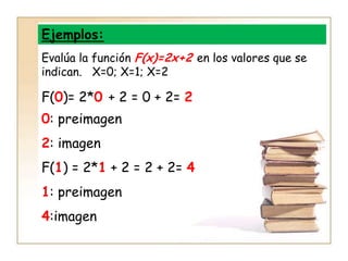 Ejemplos:<br />Evalúa la función F(x)=2x+2 en los valores que se indican.   X=0; X=1; X=2<br />F(0)= 2*0 + 2 = 0 + 2= 2<br...