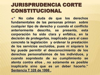 JURISPRUDENCIA CORTE
CONSTITUCIONAL
  “ No cabe duda de que los derechos
fundamentales de las personas priman sobre
cualquier tipo de derecho y cuando el conflicto
anteriormente descrito, se presenta, esta
corporación ha sido clara y enfática, en la
decisión de protegerlos, inaplicado para el caso
concreto la legislación y ordenar la prestación
de los servicios excluidos, pues ni siquiera la
ley puede permitir el desconocimiento de los
derechos personalísimos de los individuos, y
cuando sopretexto de su cumplimiento se
atenta contra ellos , no solamente es posible
inaplicarla sino que es un deber hacerlo.”
Sentencia T 328 de 1998 .
 
