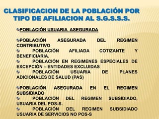 CLASIFICACION DE LA POBLACIÓN POR
  TIPO DE AFILIACION AL S.G.S.S.S.
    POBLACIÓN USUARIA ASEGURADA

    POBLACIÓN      ASEGURADA     DEL    REGIMEN
   CONTRIBUTIVO
         POBLACIÓN     AFILIADA   COTIZANTE   Y
   BENEFICIARIA.
         POBLACIÓN EN REGIMENES ESPECIALES DE
   EXCEPCIÓN – ENTIDADES EXCLUIDAS
         POBLACIÓN     USUARIA     DE    PLANES
   ADICIONALES DE SALUD (PAS)

    POBLACIÓN    ASEGURADA     EN   EL   REGIMEN
   SUBSIDIADO
         POBLACIÓN    DEL REGIMEN     SUBSIDIADO,
   USUARIA DEL POS-S.
         POBLACIÓN    DEL   REGIMEN    SUBSIDIADO
   USUARIA DE SERVICIOS NO POS-S
 