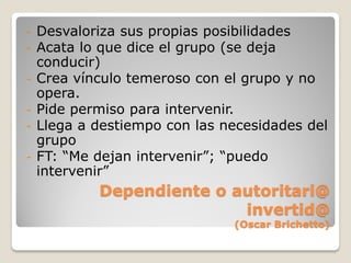 -   Desvaloriza sus propias posibilidades
-   Acata lo que dice el grupo (se deja
    conducir)
-   Crea vínculo temeroso con el grupo y no
    opera.
-   Pide permiso para intervenir.
-   Llega a destiempo con las necesidades del
    grupo
-   FT: “Me dejan intervenir”; “puedo
    intervenir”
            Dependiente o autoritari@
                           invertid@
                               (Oscar Brichetto)
 